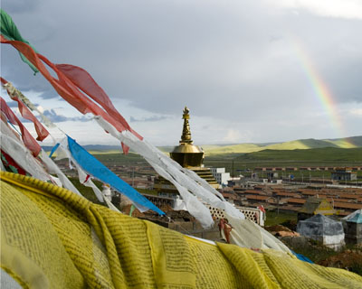 prayer flags, stupa and rainbow Tibet Spring Brook Ranch